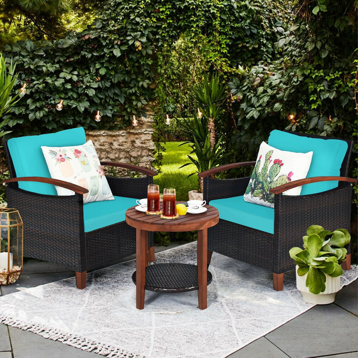 3 Pieces Patio Rattan Furniture Set with Washable Cushion and Acacia Wood Tabletop-Blue