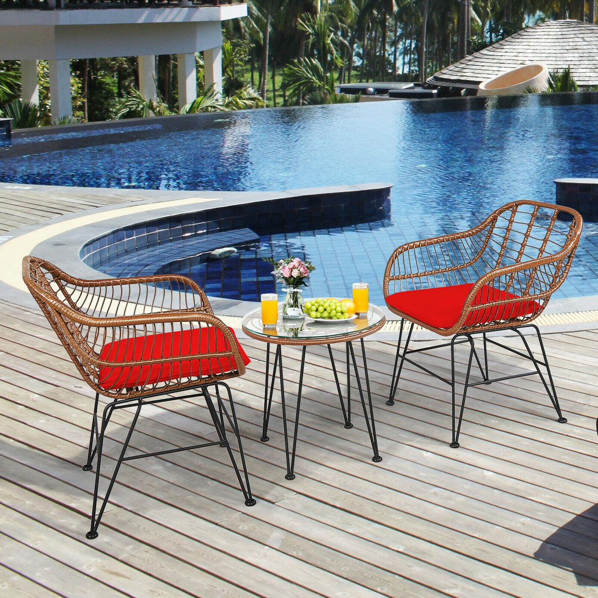 3 Pieces Patio Rattan Bistro Set with Cushion-Red