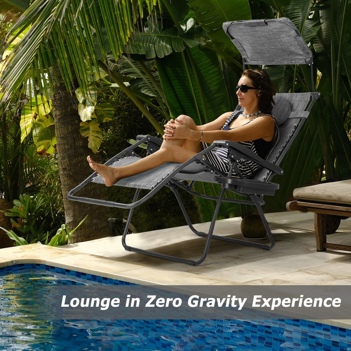Folding Recliner Lounge Chair with Shade Canopy Cup Holder-Brown