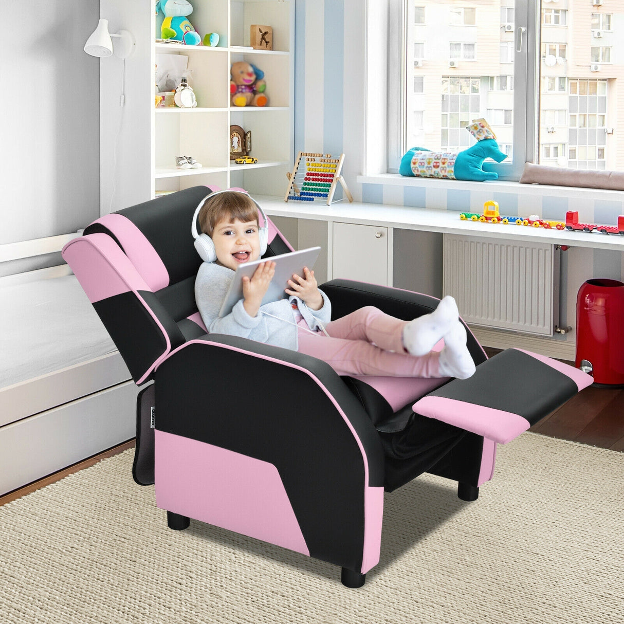 Kids Youth PU Leather Gaming Sofa Recliner with Headrest and Footrest-Red