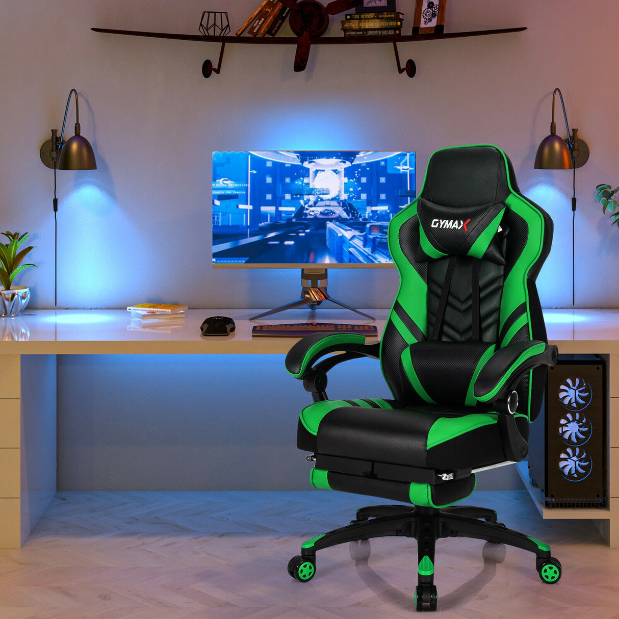 Adjustable Gaming Chair with Footrest for Home Office-Blue