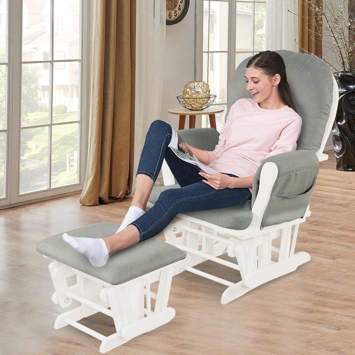 Wood Glider and Ottoman Set with Padded Armrests and Detachable Cushion-Brown