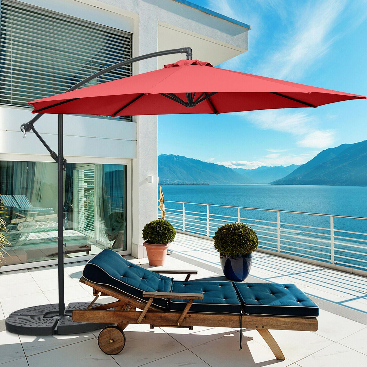 10 Feet Offset Umbrella with 8 Ribs Cantilever and Cross Base-Red by DirectDeals