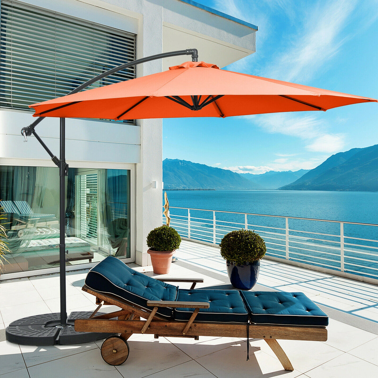 10 Feet Offset Umbrella with 8 Ribs Cantilever and Cross Base-Brown