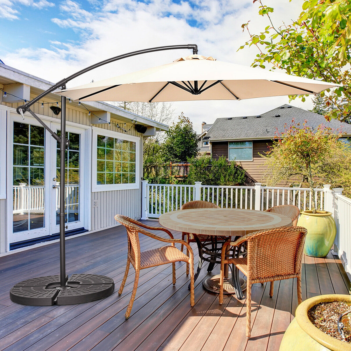 10 Feet Offset Umbrella with 8 Ribs Cantilever and Cross Base-Brown