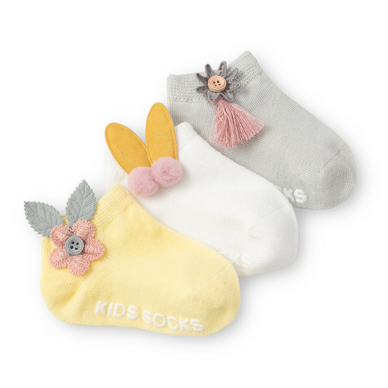 3 Pair/ SET Baby Newborn Cotton Ankle Socks for Toddler Baby Girls Anti-slip Floor Sock Bowknot Flower Socks For Baby and Kids from 0-24M