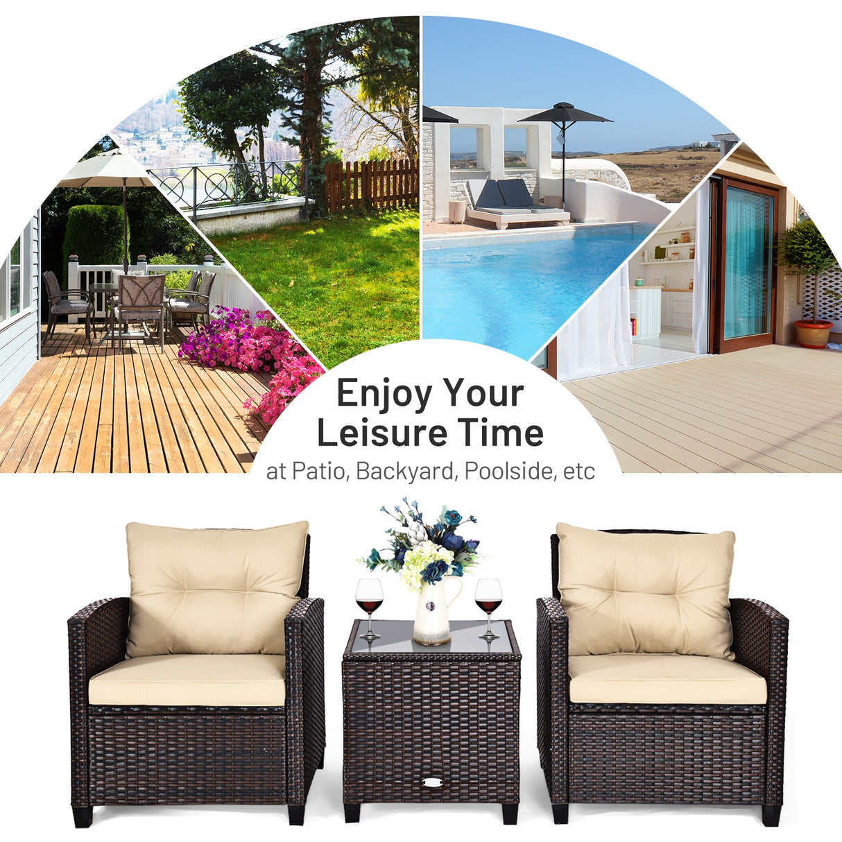 3 Pcs Patio Rattan Furniture Set Cushioned Conversation Set Coffee Table-Beige