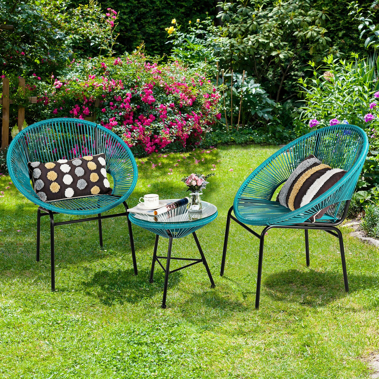 3PCS Patio Acapulco Furniture Bistro Set with GlassTable-Black