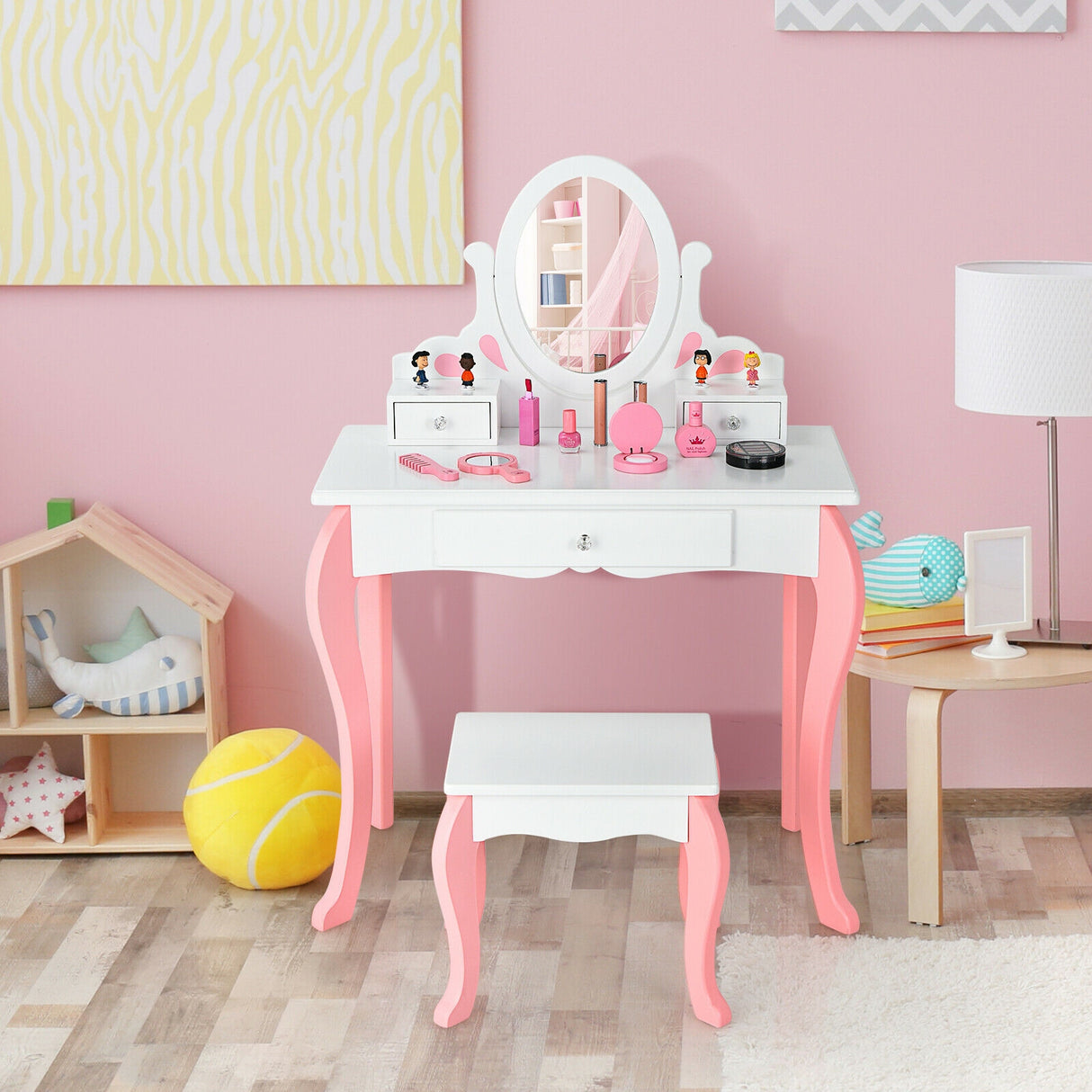 Kids Vanity Princess Makeup Dressing Table Stool Set with Mirror and Drawer-Pink