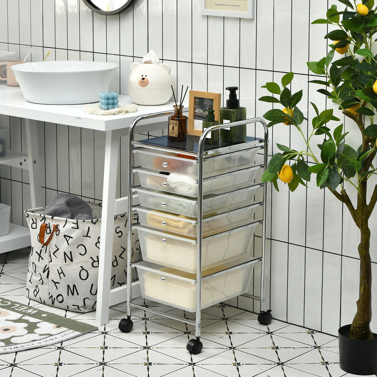 6 Drawers Rolling Storage Cart Organizer-Transparent Multicolor