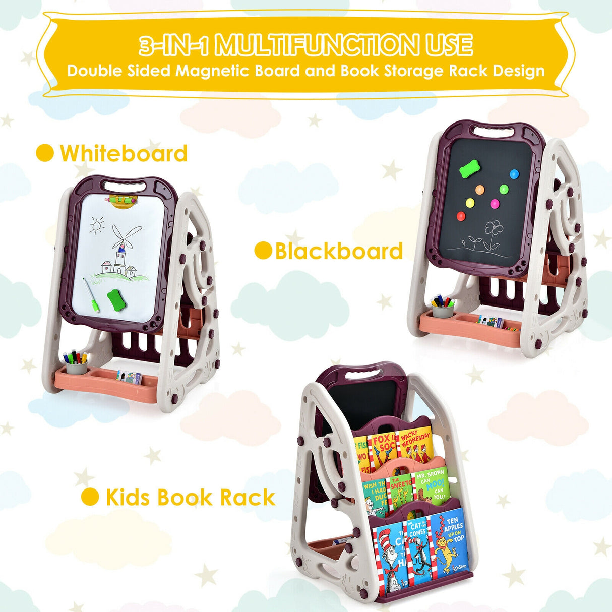 3-in-1 Kids Art Easel Double-Sided Tabletop Easel with Art Accessories-Blue