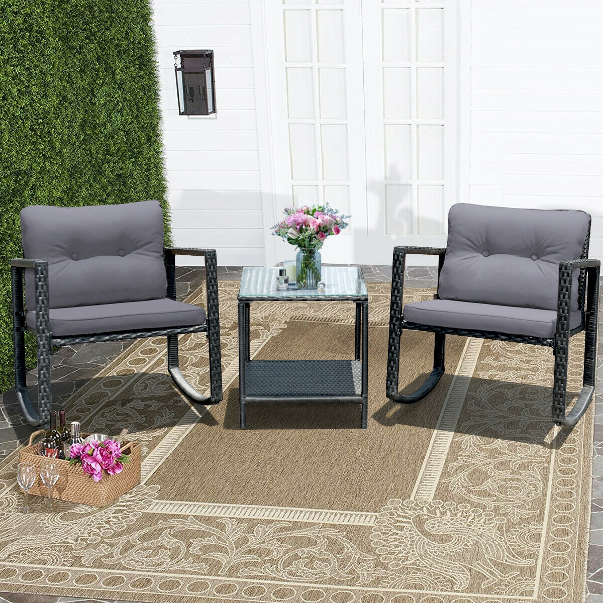 3 Pcs Wicker Rocking Bistro Set with Glass Coffee Table and Storage Shelf-Beige