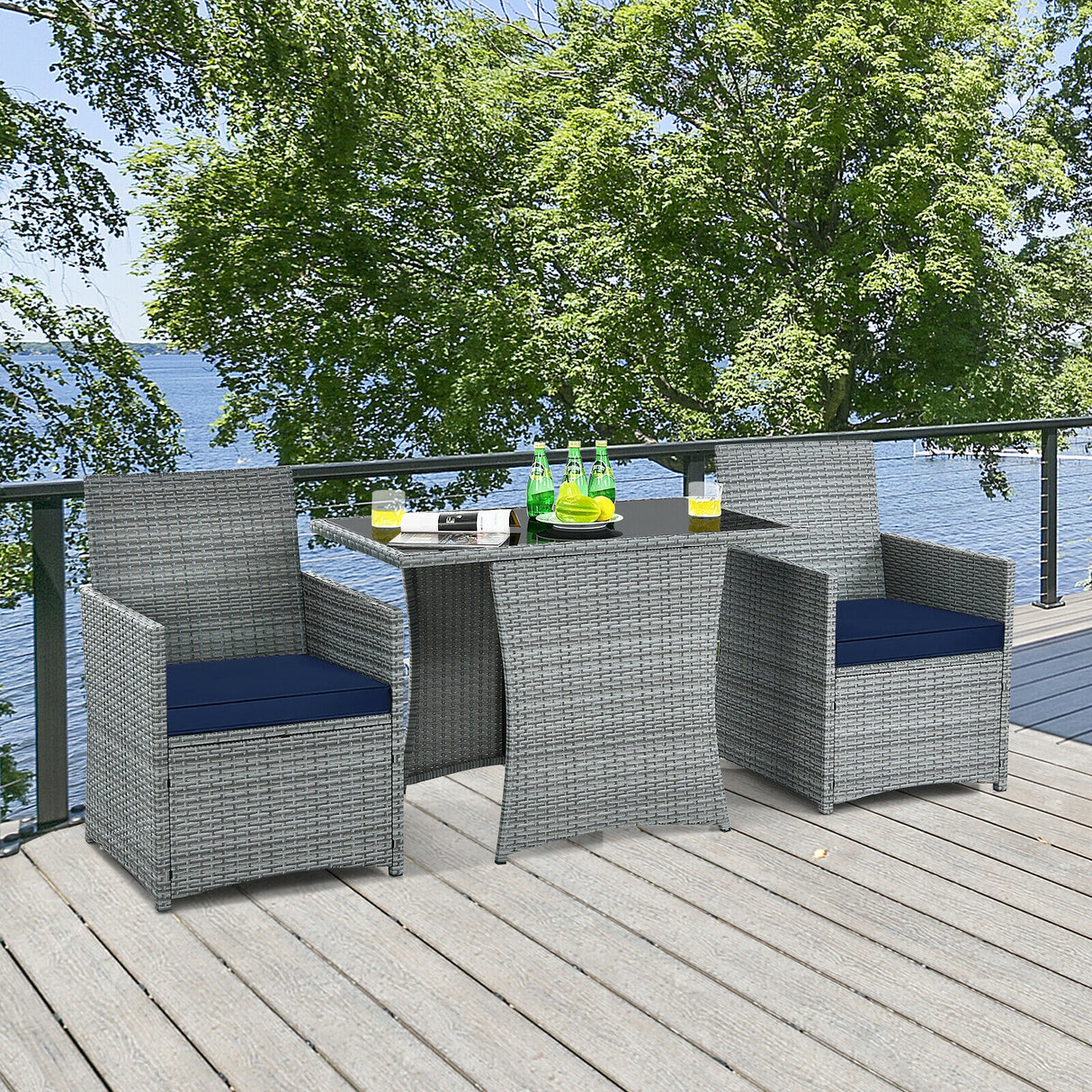 3 Pieces Patio Rattan Furniture Set with Cushioned Armrest Sofa-White