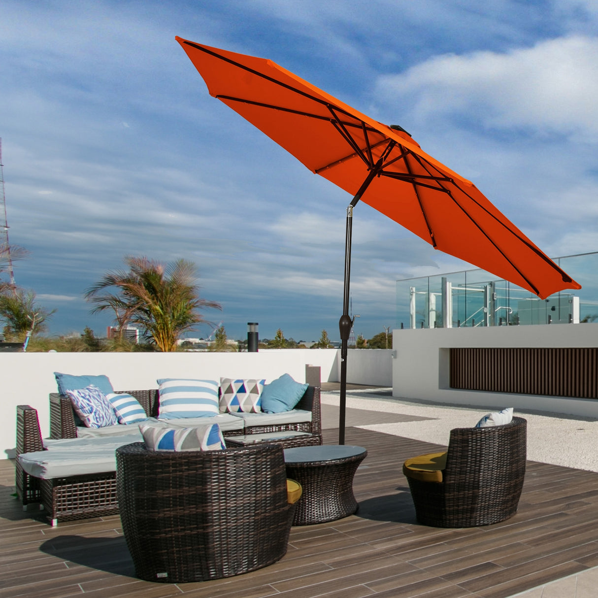 10' Solar LED Lighted Patio Market Umbrella Shade Tilt Adjustment Crank-Tan