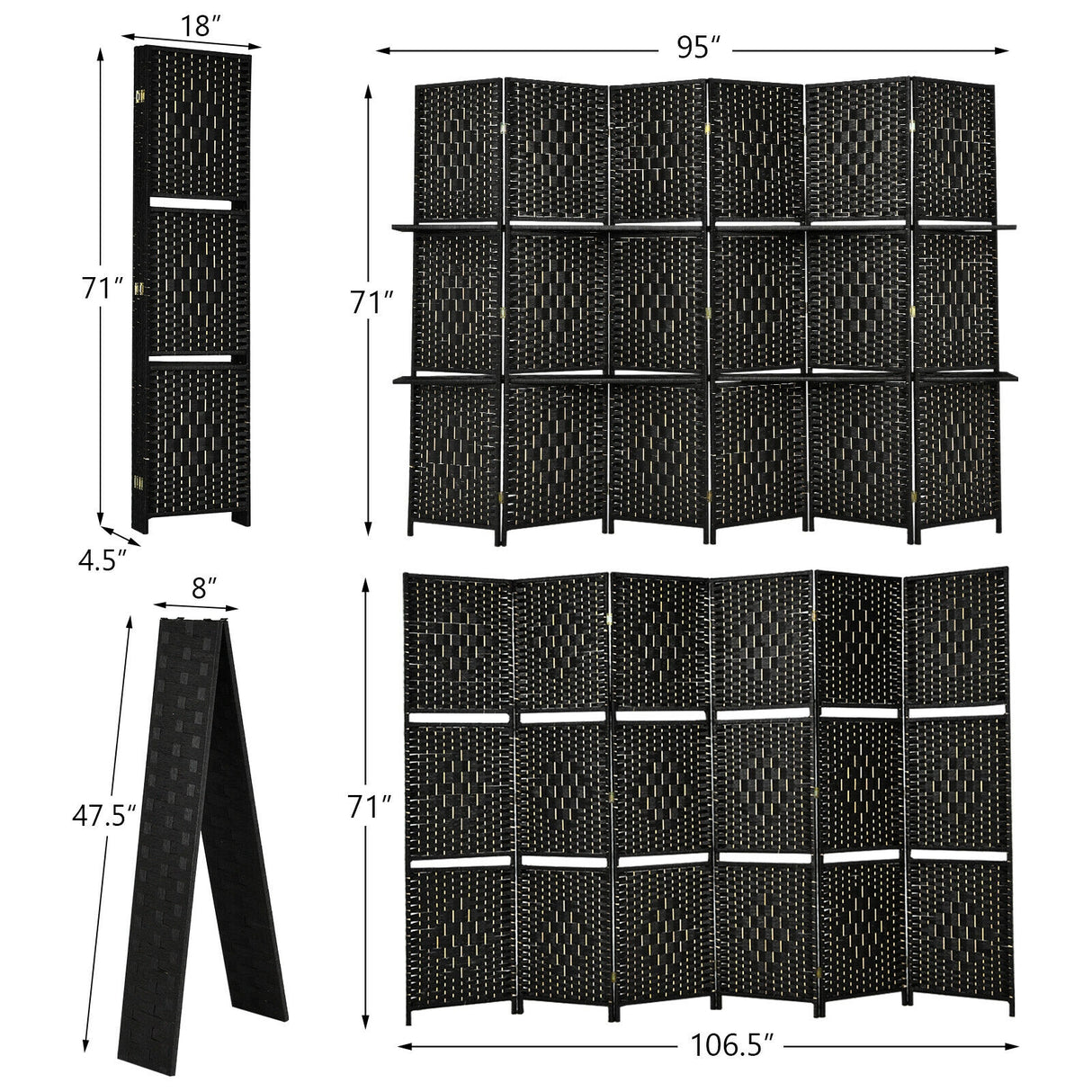 6 Panel Folding Weave Fiber Room Divider with 2 Display Shelves -Brown
