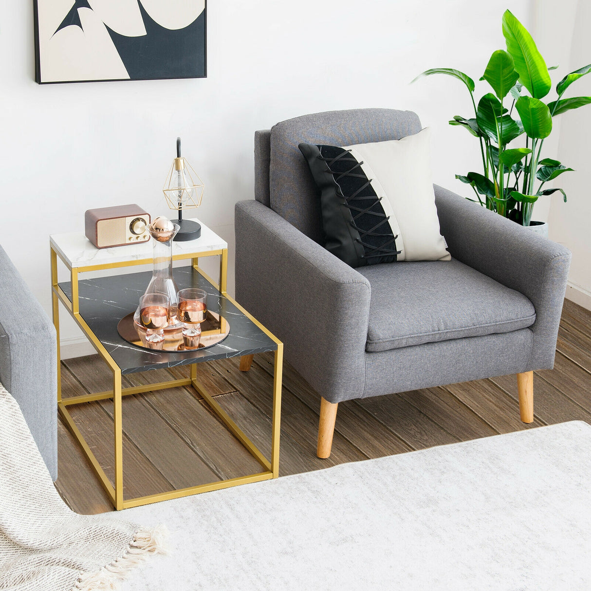 2 Tier End Side Table with Metal Frame and Storage Shelf for Living Room-White