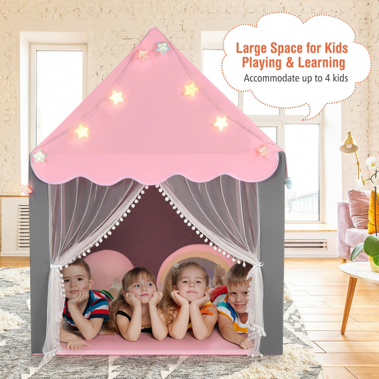 Kids Playhouse Tent with Star Light and Mat-Pink