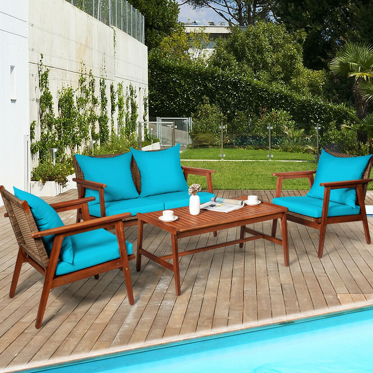 4 Pieces Acacia Wood Patio Rattan Furniture Set with Zippered Cushions-Brown