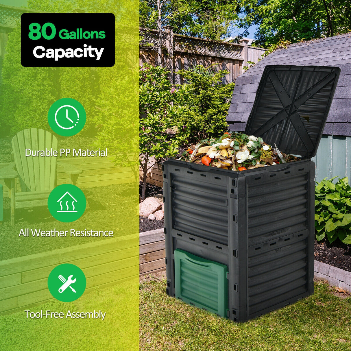 80-Gallon Outdoor Composter with Large Openable Lid and Bottom Exit Door-Green