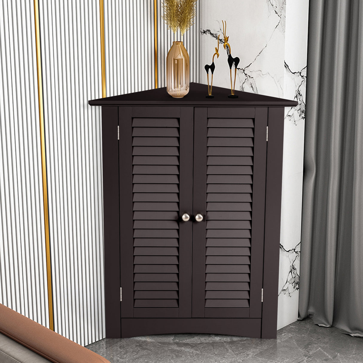 Adjustable Corner Storage Cabinet with Shutter Doors-White