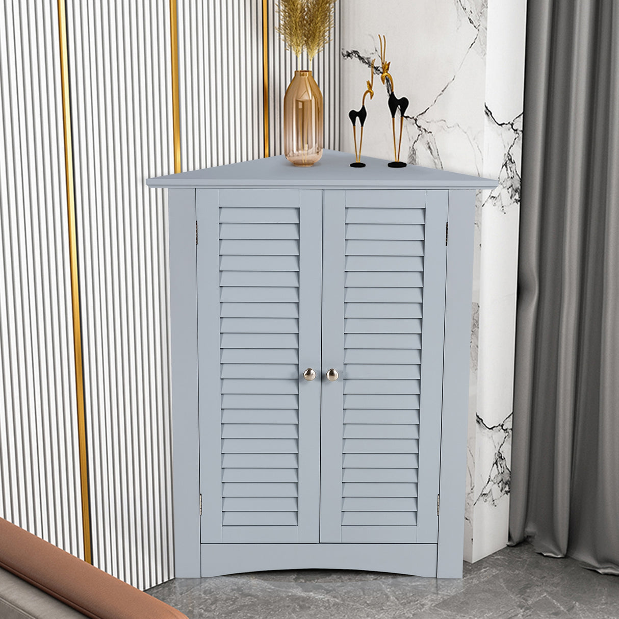 Adjustable Corner Storage Cabinet with Shutter Doors-White