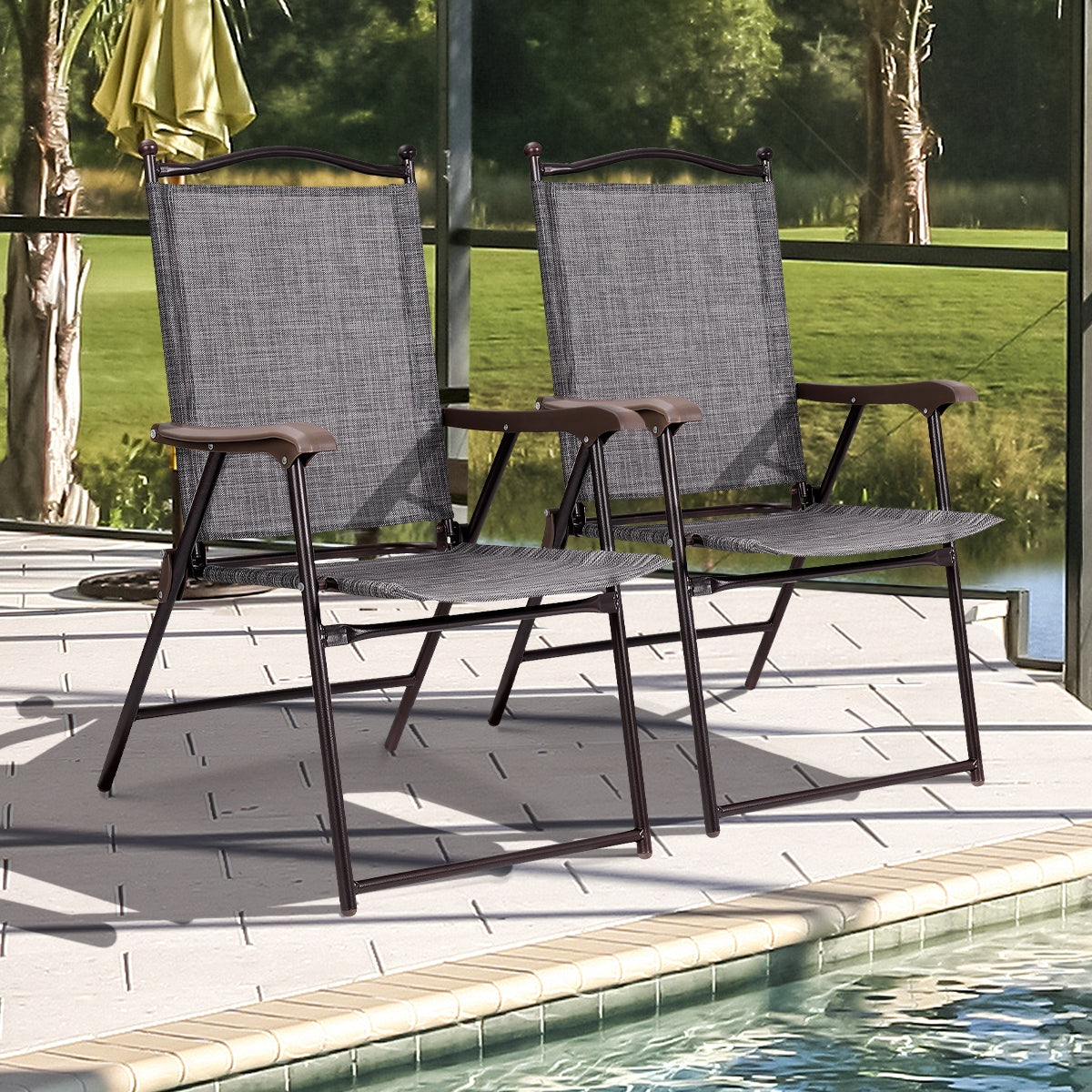 Set of 2 Patio Folding Sling Back Camping Deck Chairs-Black