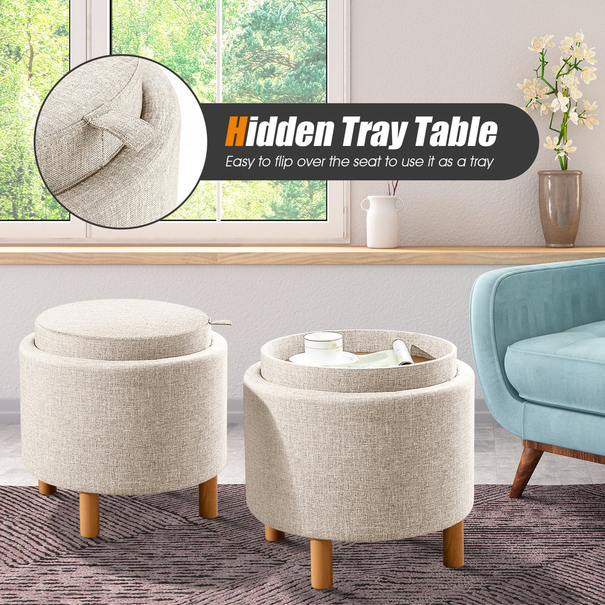 Round Fabric Storage Ottoman with Tray and Non-Slip Pads for Bedroom-Gray