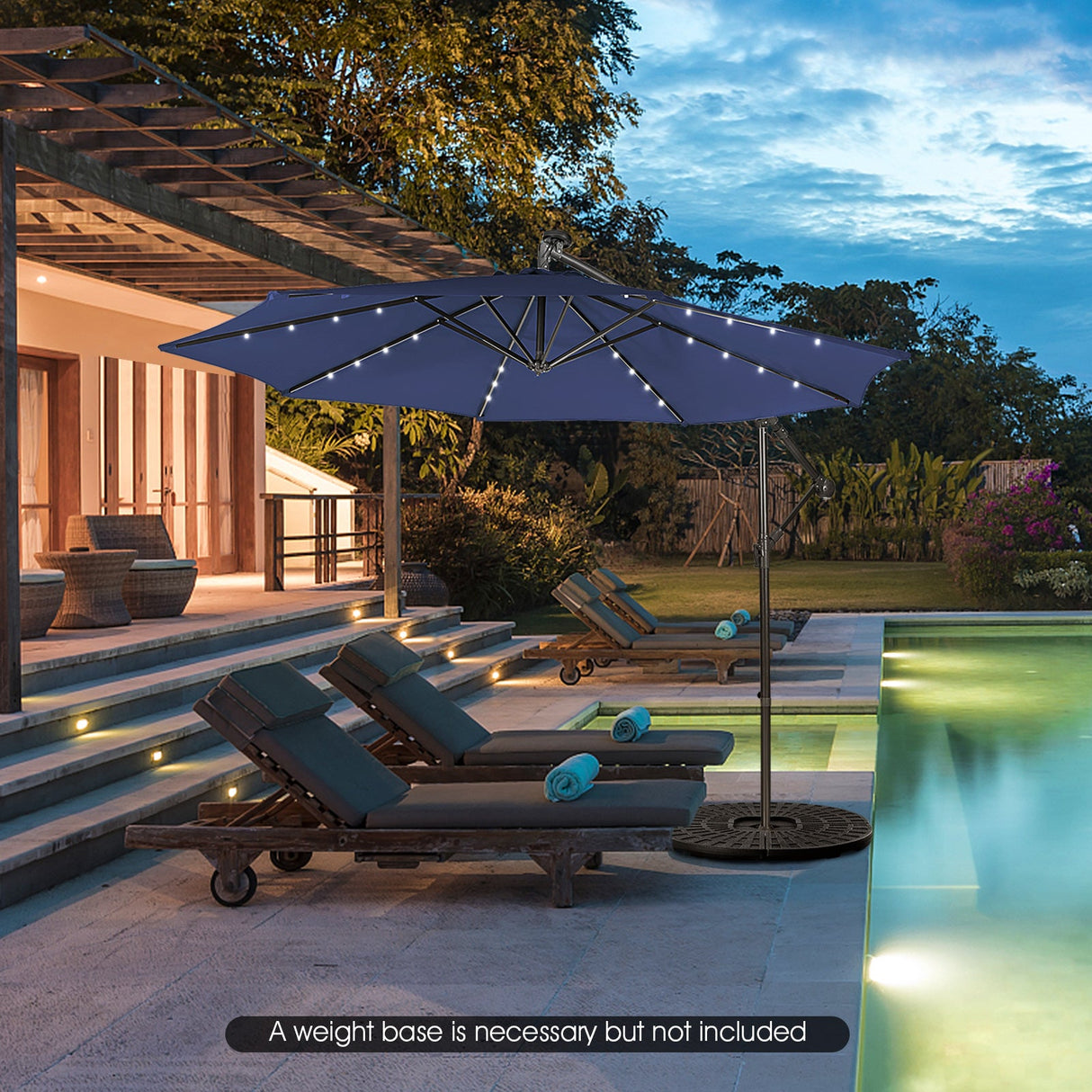 10 Feet Patio Solar Powered Cantilever Umbrella with Tilting System-Navy by DirectDeals