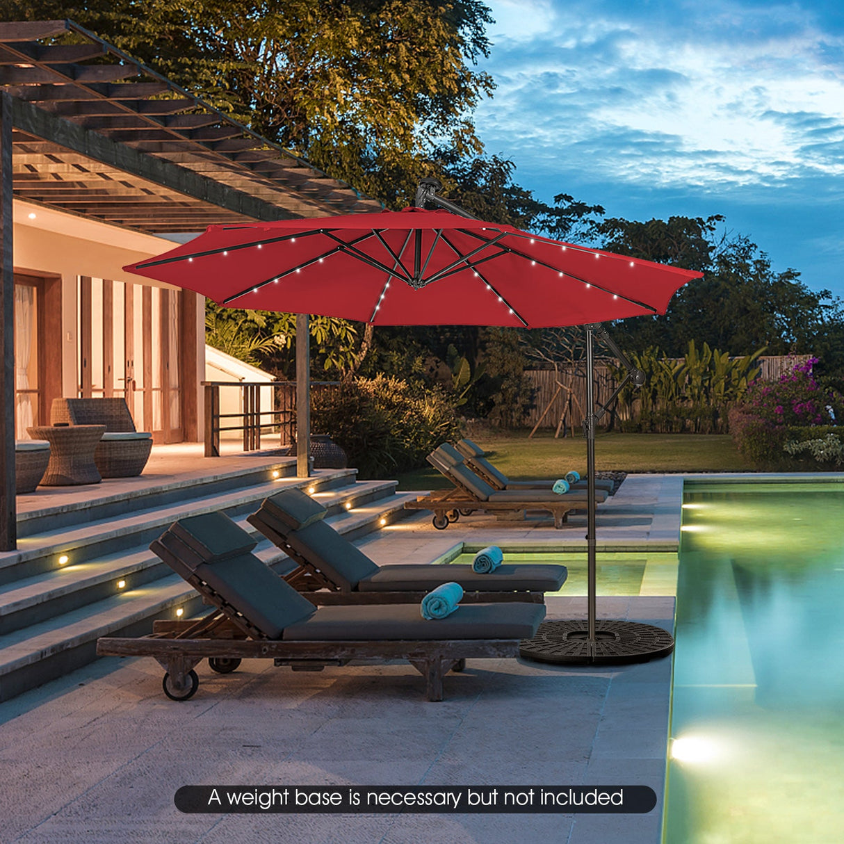 10 Feet Patio Solar Powered Cantilever Umbrella with Tilting System-Red by DirectDeals