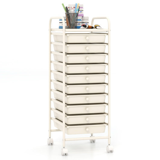 10 Drawer Rolling Storage Cart Organizer with 4 Universal Casters-White
