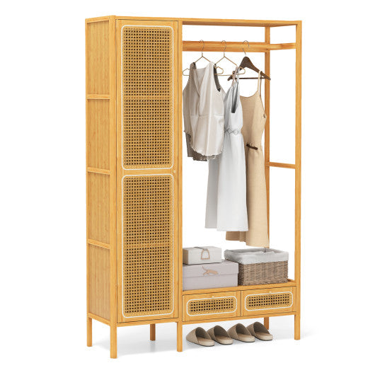 Bamboo Clothing Rack with Cabinet and Drawers and Hanging Rod-Natural