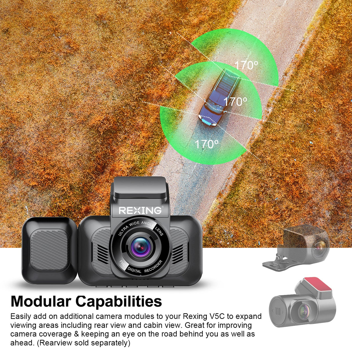 REXING V5C Plus Dash Cam Front 4K & 1080p Cabin Camera w/ Modular Capabilities, WiFi, and GPS