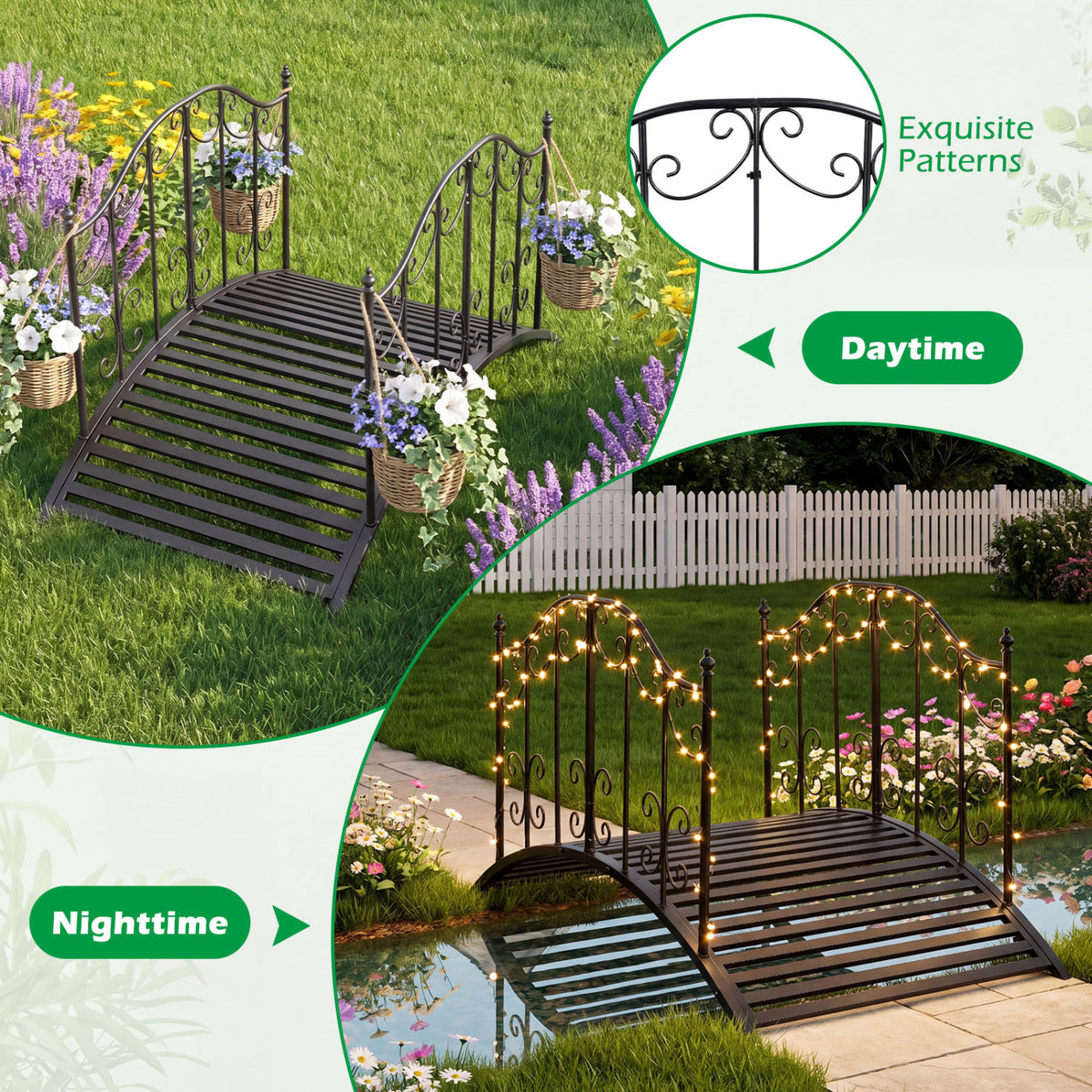 3.9 ft Garden Metal Bridge with Dual Patterned Side Rails