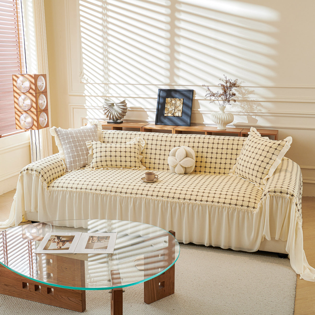 Grid Textured Sofa Cover with Sheer Ruffle Skirt, Pet-Friendly Sofa Throw Slipcover