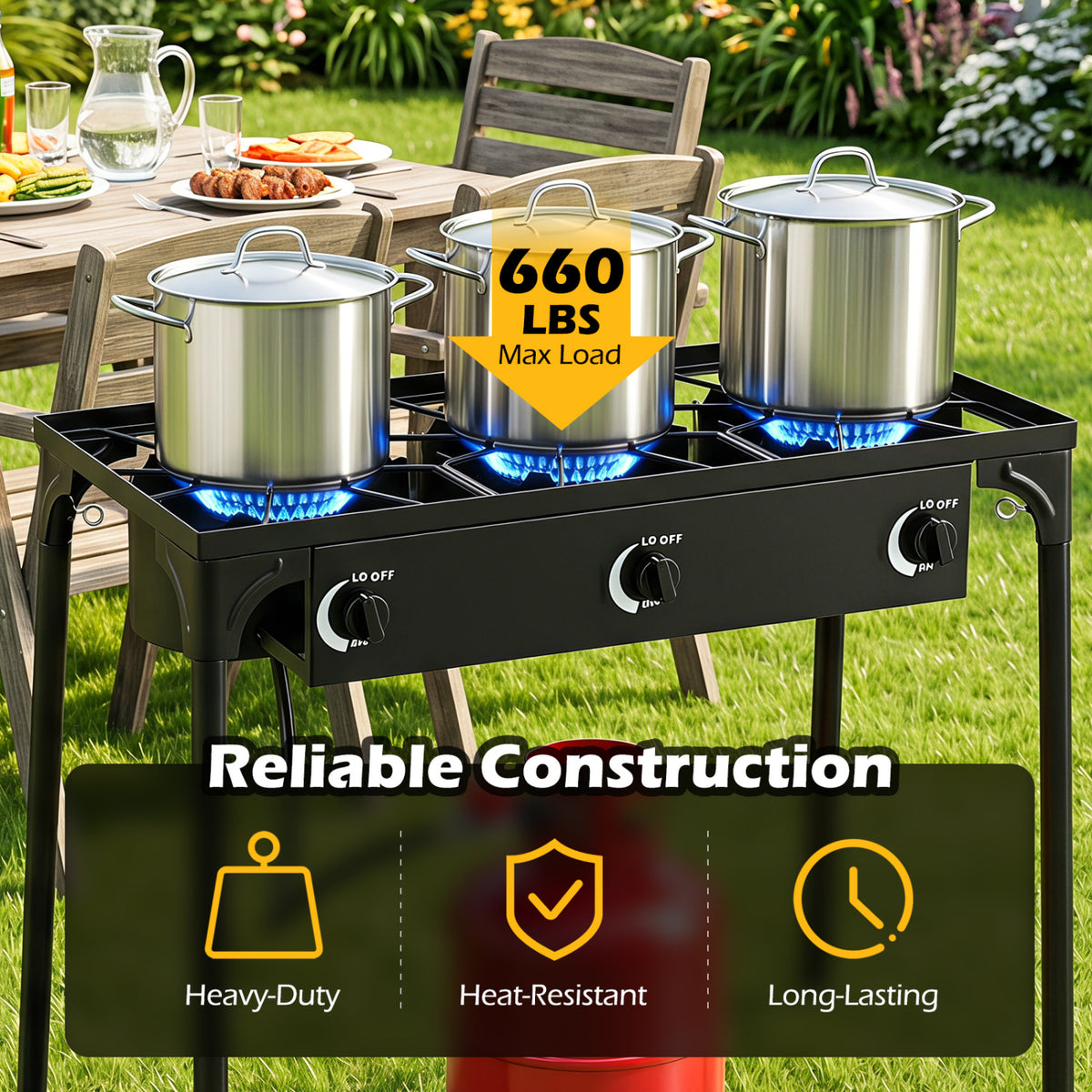 3 Burner Propane Stove 240000 BTU with Adjustable Regulator & Hose for Camping BBQ-Black