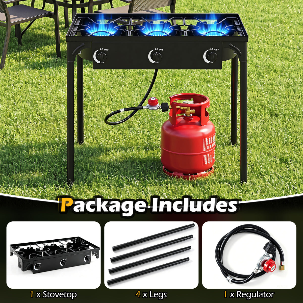 3 Burner Propane Stove 240000 BTU with Adjustable Regulator & Hose for Camping BBQ-Black