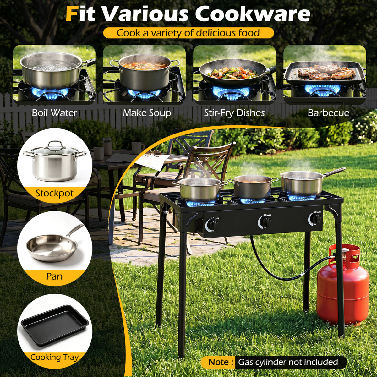 3 Burner Propane Stove 240000 BTU with Adjustable Regulator & Hose for Camping BBQ-Black