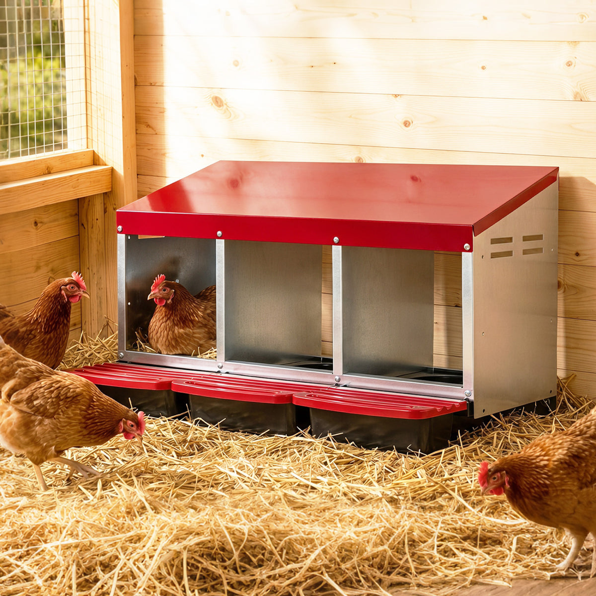 3-Compartment Roll Away Metal Chicken Nesting Box for Hens-Red