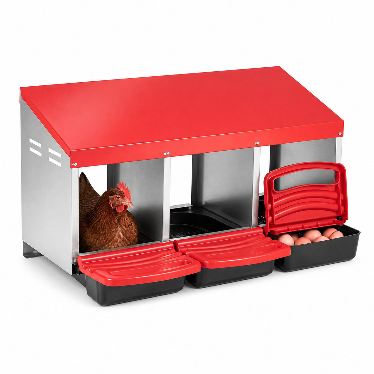 3-Compartment Roll Away Chicken Nesting Box for Egg Collection with Removable Trays and Landing Steps-Red