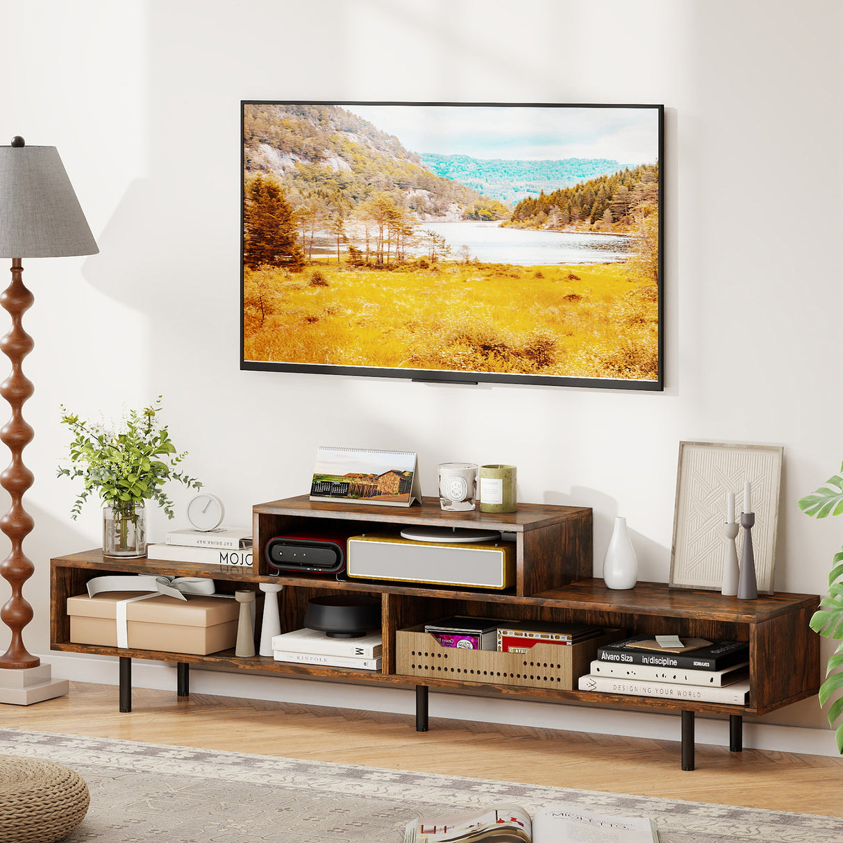 3 Cubby TV Stand for TVs up to 70 Inch with Open Storage Compartments-Rustic Brown