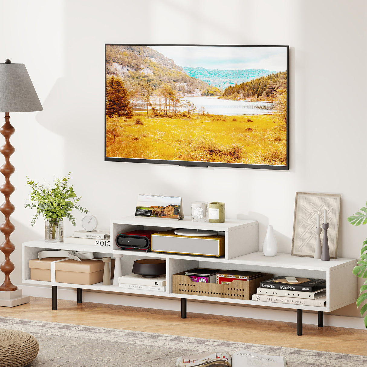 3 Cubby TV Stand for TVs up to 70 Inch with Open Storage Compartments-White