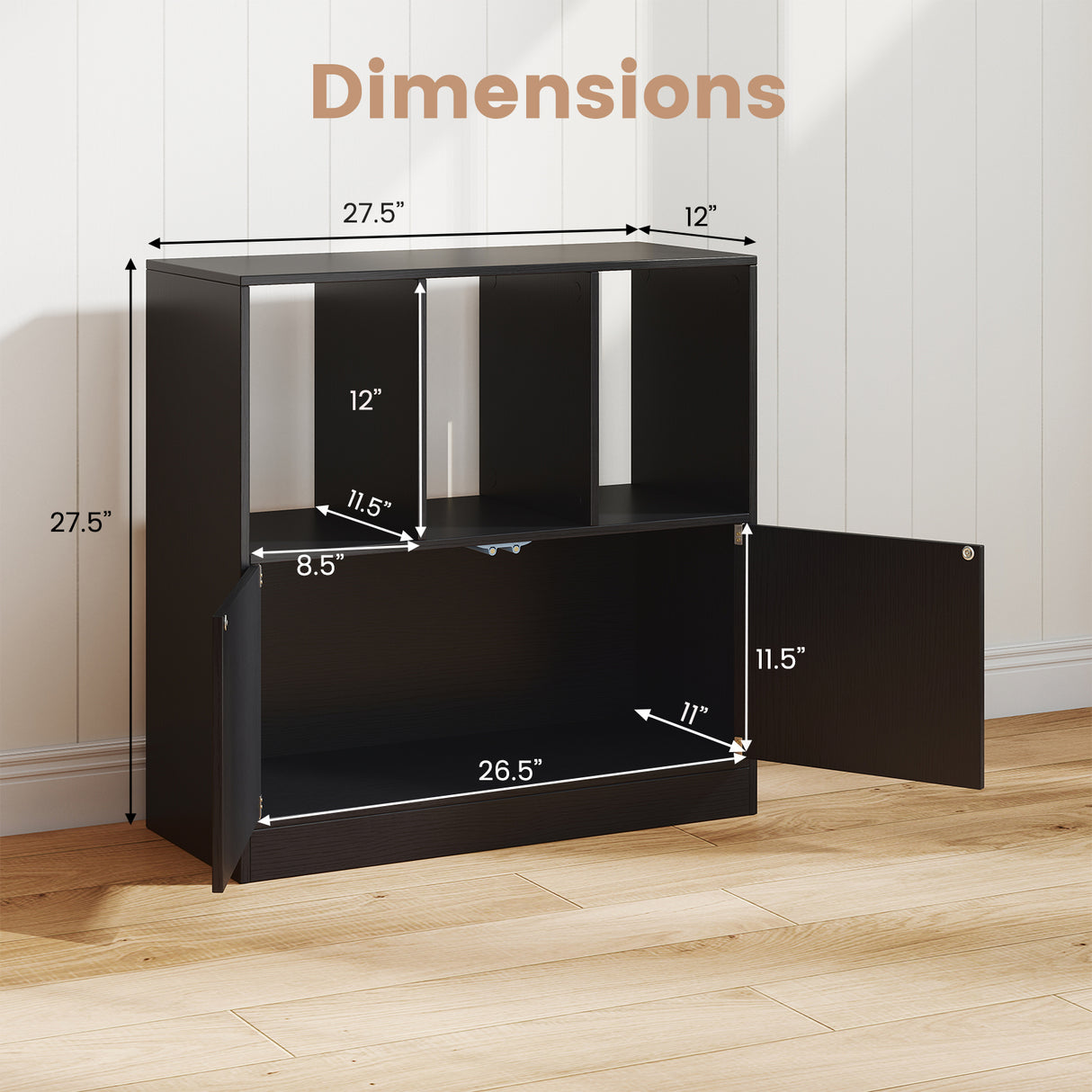 3-Cube Bookcase with Doors 3-Tier Cubic Bookshelf with Open Compartments and Cabinet-Black