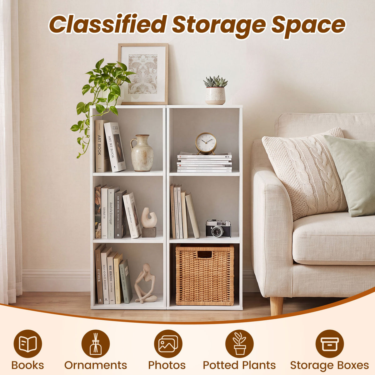 3-Cube Bookcase with 2 Anti-tipping Kits and Cubby Storage Organizer for Home Office-White