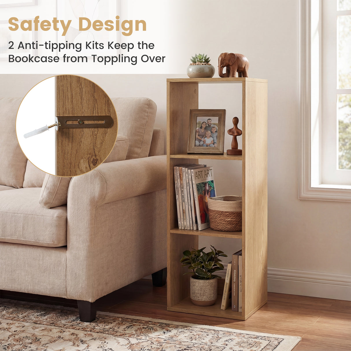 3 Cube Bookshelf with Back Guardrail for Living Room Bedroom-Natrual