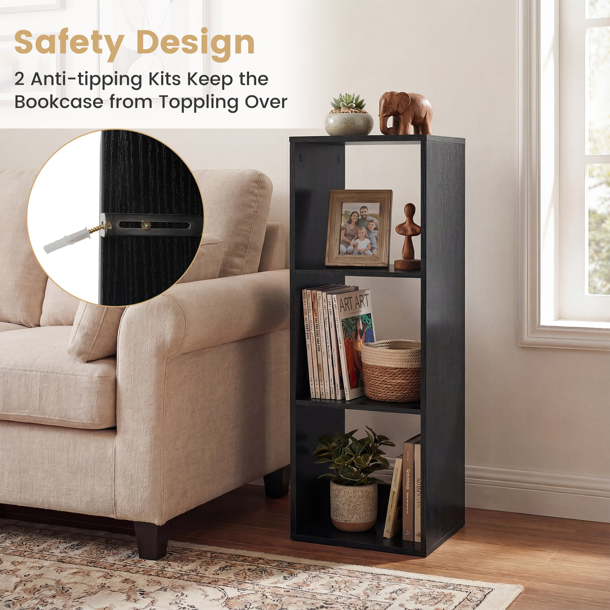 3 Cube Bookshelf with Back Guardrail for Living Room Bedroom-Black