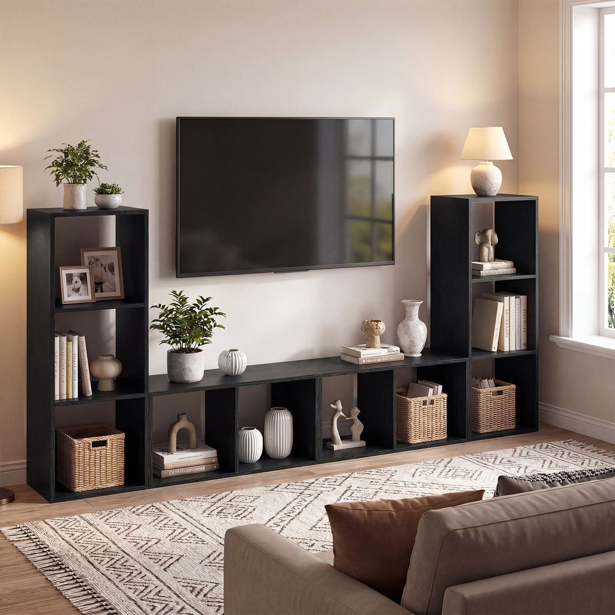 3 Cube Bookshelf with Back Guardrail for Living Room Bedroom-Black