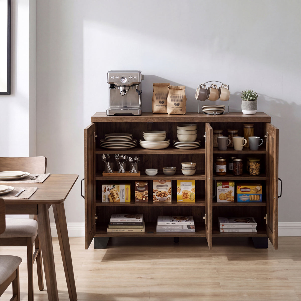 3-Door Buffet Sideboard with Adjustable Shelves and Anti-Tipping Kits-Brown