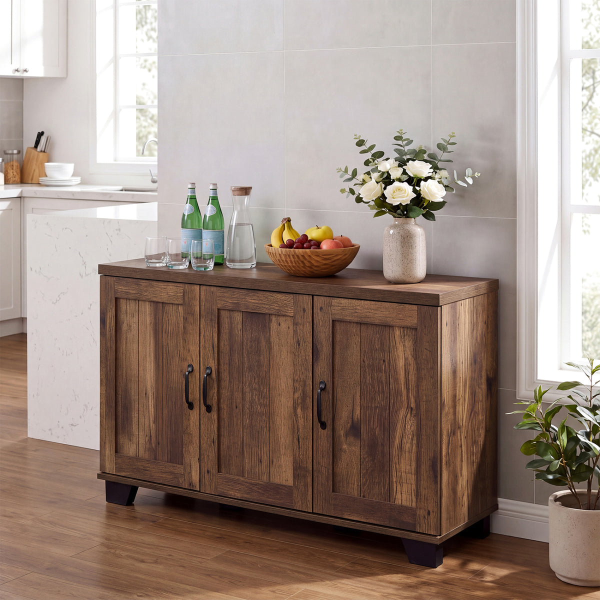 3-Door Buffet Sideboard with Adjustable Shelves and Anti-Tipping Kits-Brown