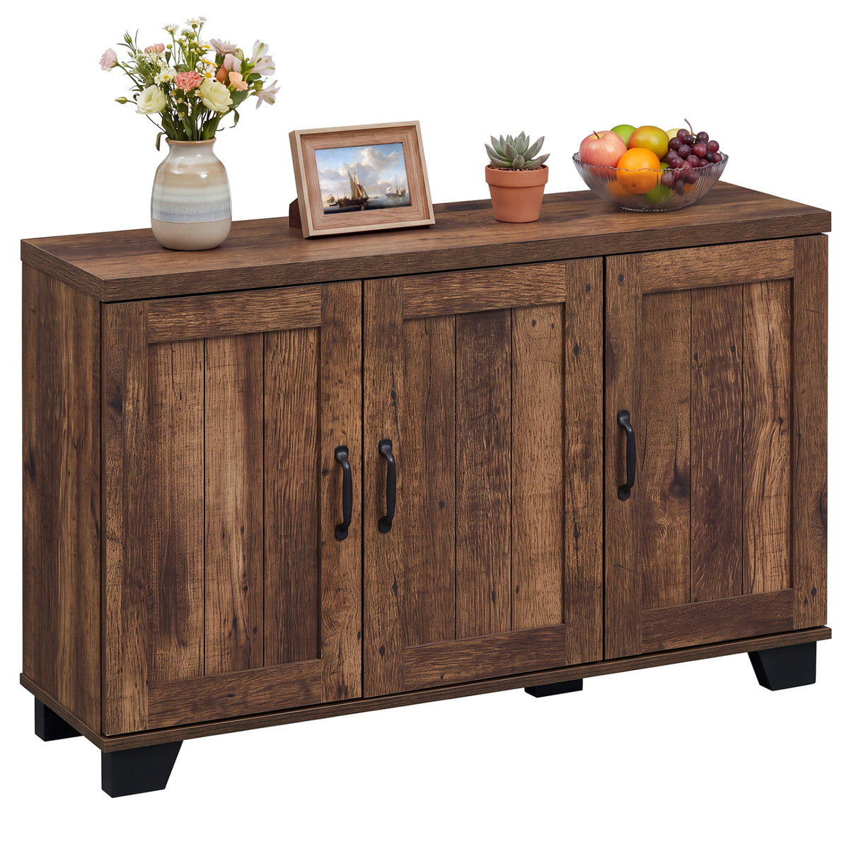 3-Door Buffet Sideboard with Adjustable Shelves and Anti-Tipping Kits-Brown