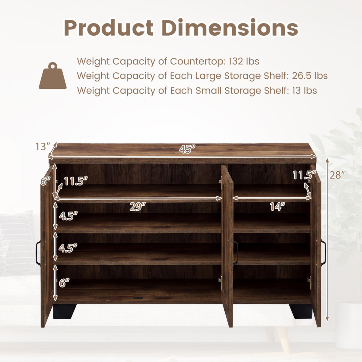3-Door Buffet Sideboard with Adjustable Shelves and Anti-Tipping Kits-Brown